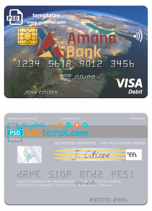 editable template, Somalia Amana Bank visa debit credit card template in PSD format