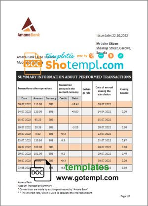 editable template, Somalia Amana bank statement template in Word and PDF format