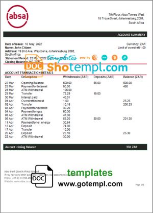 editable template, South Africa ABSA bank statement template in Word and PDF format