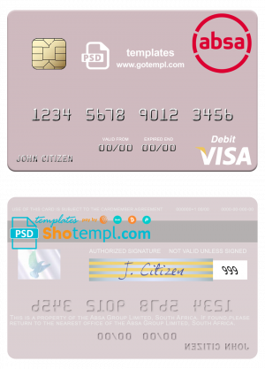 editable template, South Africa Absa Group Limited visa debit credit card template in PSD format