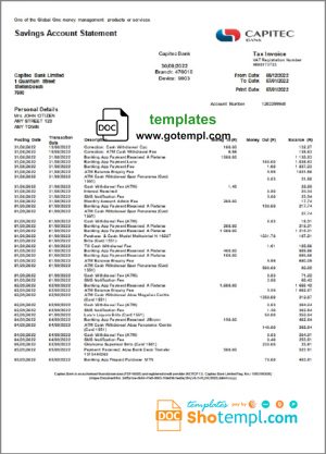 editable template, South Africa Capitec bank savings account statement template in Word and PDF format