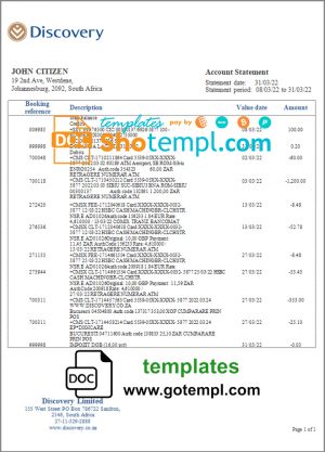 editable template, South Africa Discovery bank statement template in Word and PDF format
