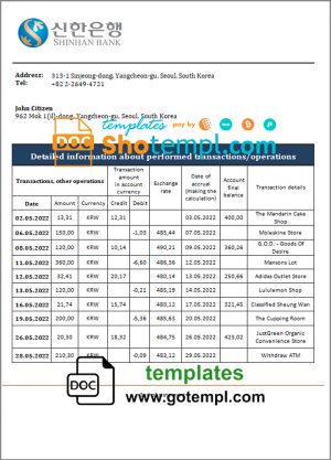 editable template, South Korea Shinhan bank statement template in Word and PDF format