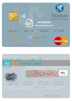 editable template, South Korea Shinhan Financial Group mastercard credit card template in PSD format
