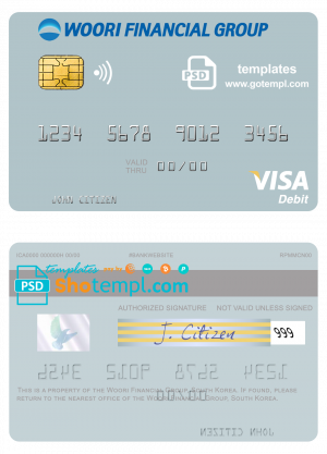 editable template, South Korea Woori Financial Group visa debit card template in PSD format