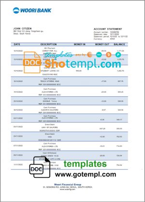 editable template, South Korea Woori bank statement template in Word and PDF format