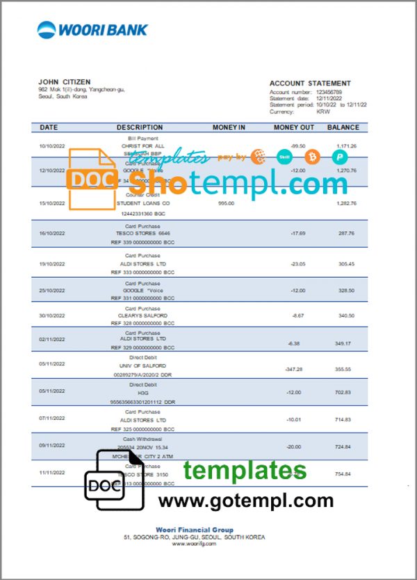 editable template, South Korea Woori bank statement template in Word and PDF format