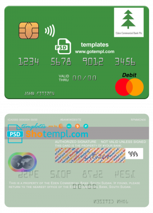 editable template, South Sudan Eden Commercial Bank mastercard template in PSD format
