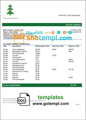 editable template, South Sudan Eden Commercial Bank bank statement template in Word and PDF format
