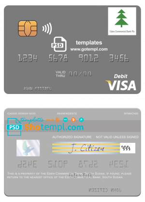 editable template, South Sudan Eden Commercial Bank visa debit card template in PSD format
