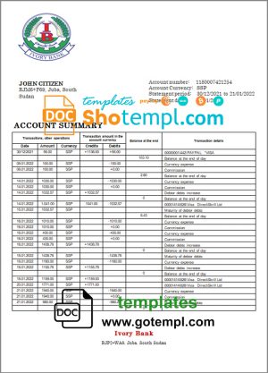 editable template, South Sudan Ivory Bank bank statement template in Word and PDF format