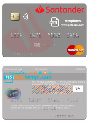 editable template, Spain Banco Santander mastercard template in PSD format