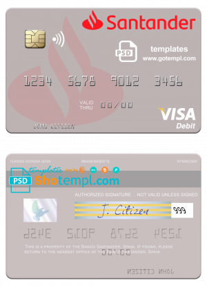 editable template, Spain Banco Santander visa credit card template in PSD format
