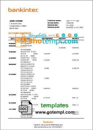 editable template, Spain Bankinter bank statement template in Word and PDF format