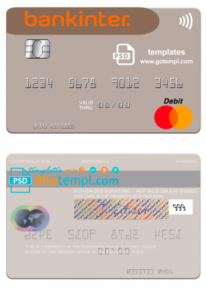 editable template, Spain Bankinter bank mastercard credit card template in PSD format