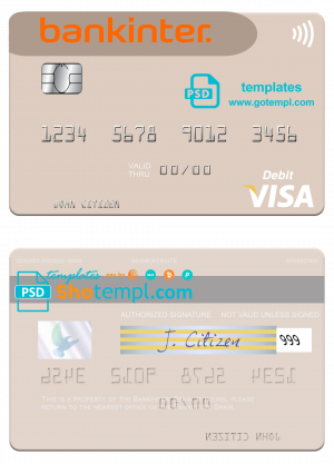 editable template, Spain Bankinter visa debit card template in PSD format