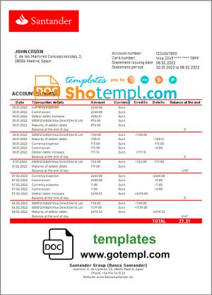 editable template, Spain Santander  bank statement template in Word and PDF format, version 2