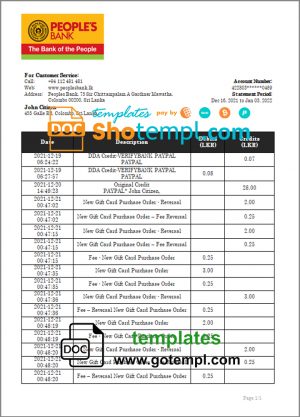 editable template, Sri Lanka People's Bank bank statement template in Word and PDF format, version 2