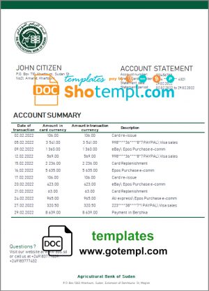 editable template, Sudan Agricultural Bank of Sudan bank statement template in Word and PDF format, version 2