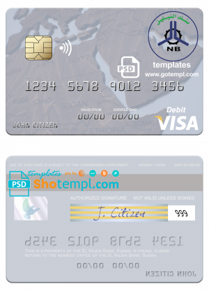 editable template, Sudan El Nilein Bank visa debit card template in PSD format