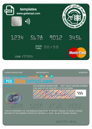 editable template, Sudan The Agricultural Bank of Sudan mastercard template in PSD format