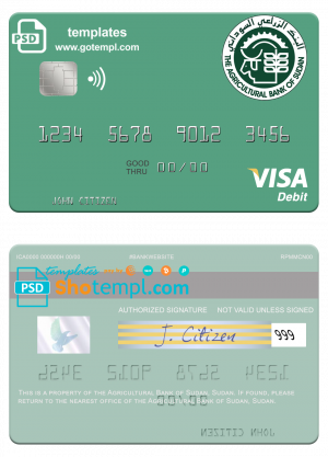 editable template, Sudan The Agricultural Bank of Sudan visa debit card template in PSD format
