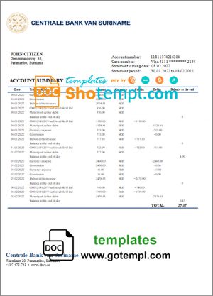 editable template, Suriname Centrale Bank Van Suriname bank statement template in Word and PDF format