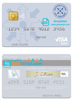 editable template, Suriname Centrale Bank van Suriname visa debit card template in PSD format