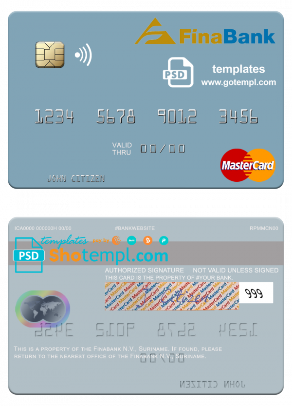 editable template, Suriname Finabank N.V. mastercard template in PSD format