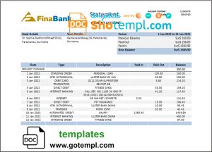 editable template, Suriname Finabank bank statement template in Word and PDF format