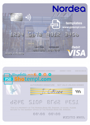 editable template, Sweden Nordea Bank AB visa debit card template in PSD format