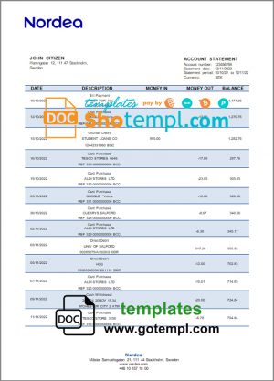 editable template, Sweden Nordea bank statement template in Word and PDF format, version 2