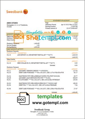 editable template, Sweden Swedbank bank statement template in Word and PDF format