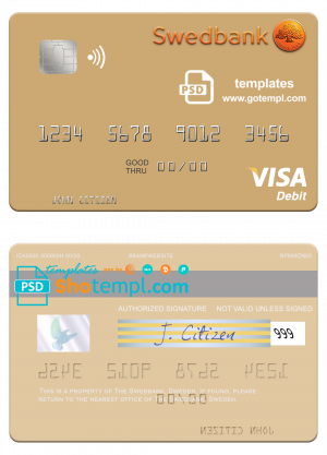 editable template, Sweden Swedbank visa debit card template in PSD format