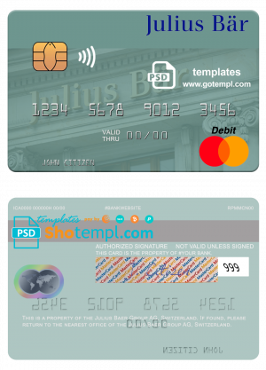 editable template, Switzerland Julius Baer Group AG mastercard template in PSD format