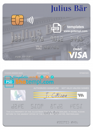 editable template, Switzerland Julius Baer Group AG visa debit card template in PSD format