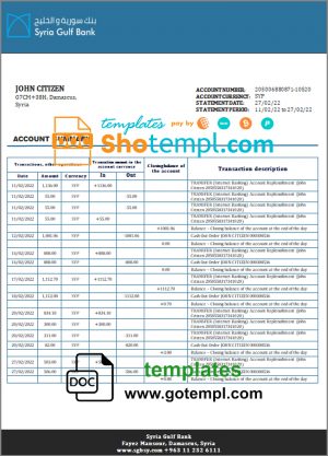 editable template, Syria Gulf Bank statement template in Word and PDF format