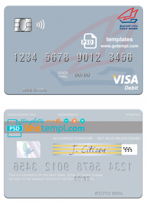 editable template, Syria Gulf Bank visa debit card template in PSD format