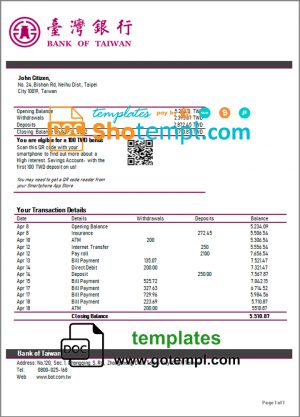 editable template, Taiwan Bank of Taiwan bank statement template in Word and PDF format