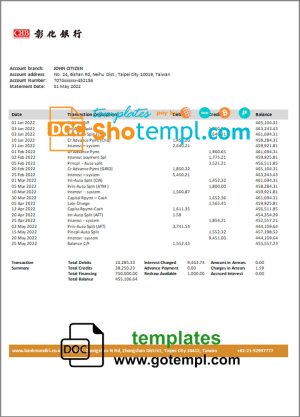 editable template, Taiwan Chang Hwa Bank statement template in Word and PDF format