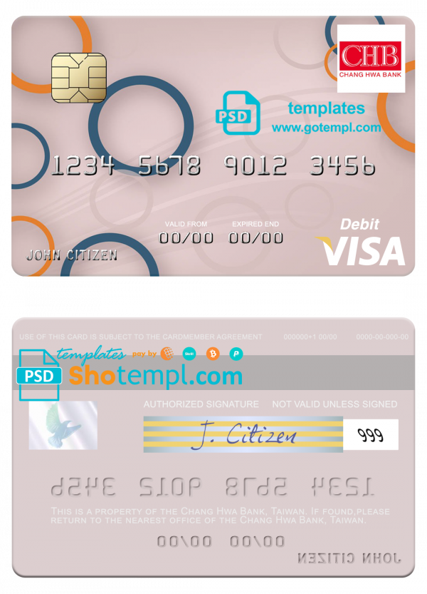 editable template, Taiwan Chang Hwa Bank visa debit card template in PSD format