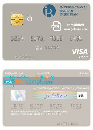 editable template, Tajikistan IBT Bank visa debit card template in PSD format