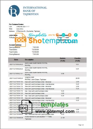 editable template, Tajikistan ITB bank statement template in Word and PDF format