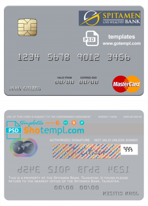 editable template, Tajikistan Spitamen Bank mastercard template in PSD format