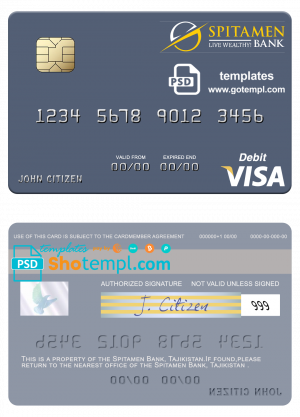 editable template, Tajikistan Spitamen Bank visa debit card template in PSD format