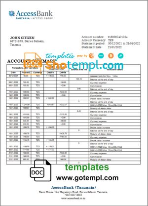editable template, Tanzania Access Bank statement template in Word and PDF format