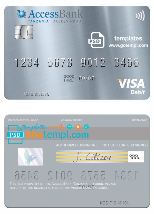 editable template, Tanzania AccessBank visa debit card template in PSD format