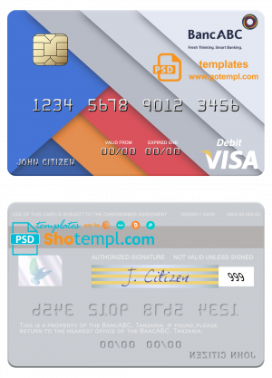 editable template, Tanzania BancABC visa debit card template in PSD format