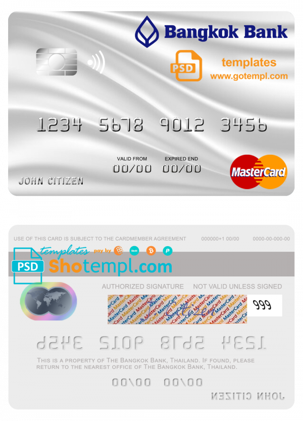 editable template, Thailand Bangkok Bank mastercard template in PSD format