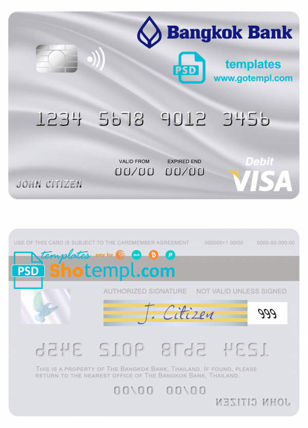 editable template, Thailand Bangkok Bank visa debit card template in PSD format